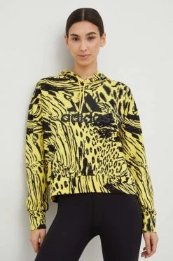 Γυναικεία Χωρίς φερμουάρ Βαμβακερή μπλούζα Adidas Performance χρώμα: κίτρινο, με κουκούλα